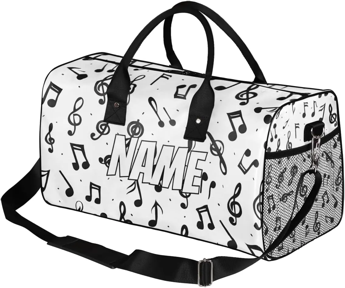 Personalized Music Notes Travel Duffel Bag with Name, Custom Gym Sport Bag Rustic Musical Carry On Weekend Overnight Duffel Bag for Men Women
