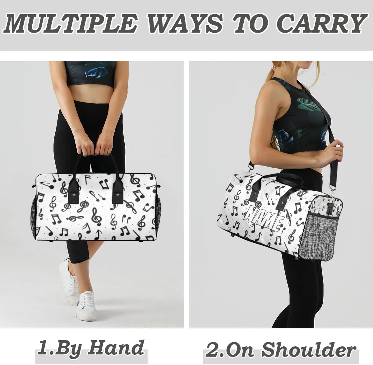 Personalized Music Notes Travel Duffel Bag with Name, Custom Gym Sport Bag Rustic Musical Carry On Weekend Overnight Duffel Bag for Men Women