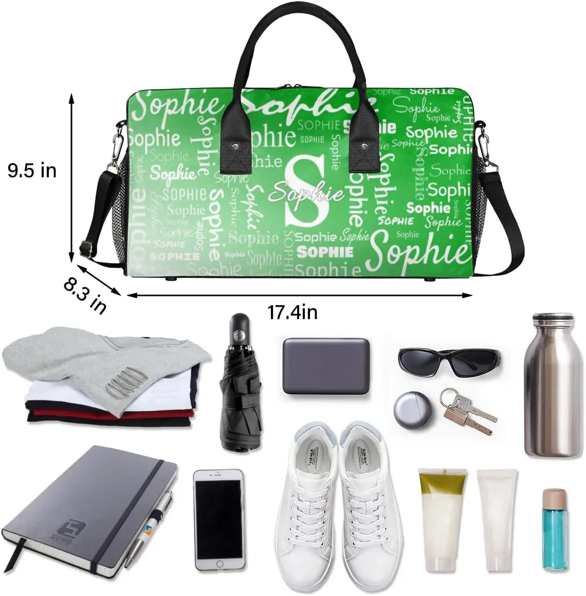 Personalized Name Sport Duffel Bag with Initial, Custom Gym Bag Dance Duffel Bag for Women, Monogrammed Gifts Customized Gymnastics Ballet Bag Overnight Weekender Bag, Grass Green Gradient
