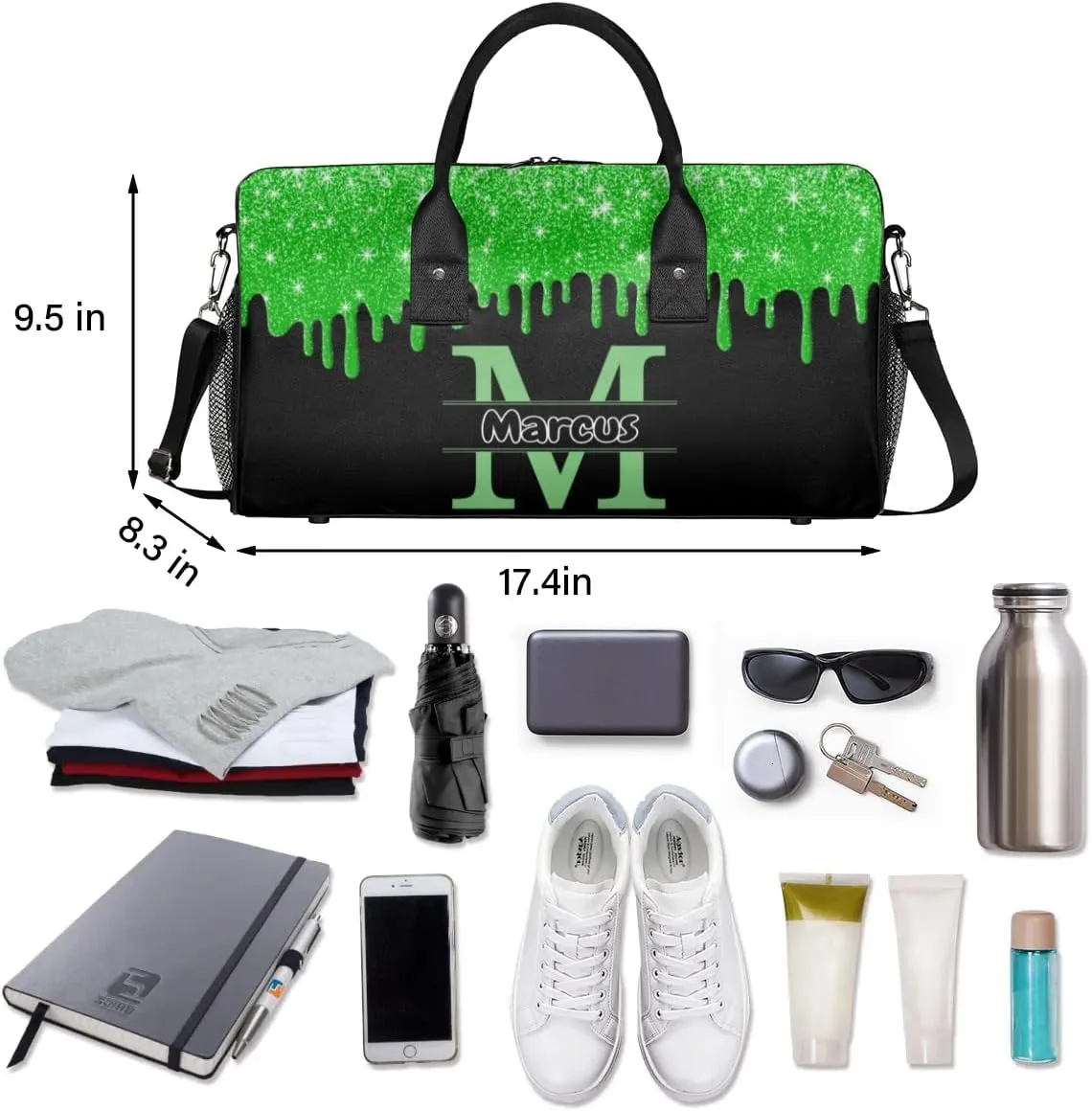 Personalized Name Sports Bag Travel Duffel Bags, Custom Initial Gym Bag for Adults, Overnight Weekend Bags, Dance Bag, Personalized Gifts, Green Glitter Fluid