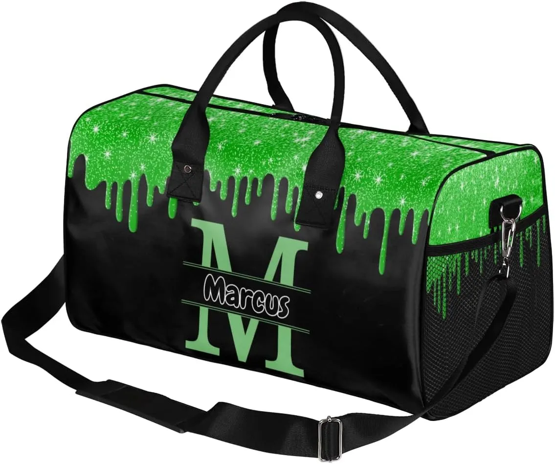 Personalized Name Sports Bag Travel Duffel Bags, Custom Initial Gym Bag for Adults, Overnight Weekend Bags, Dance Bag, Personalized Gifts, Green Glitter Fluid