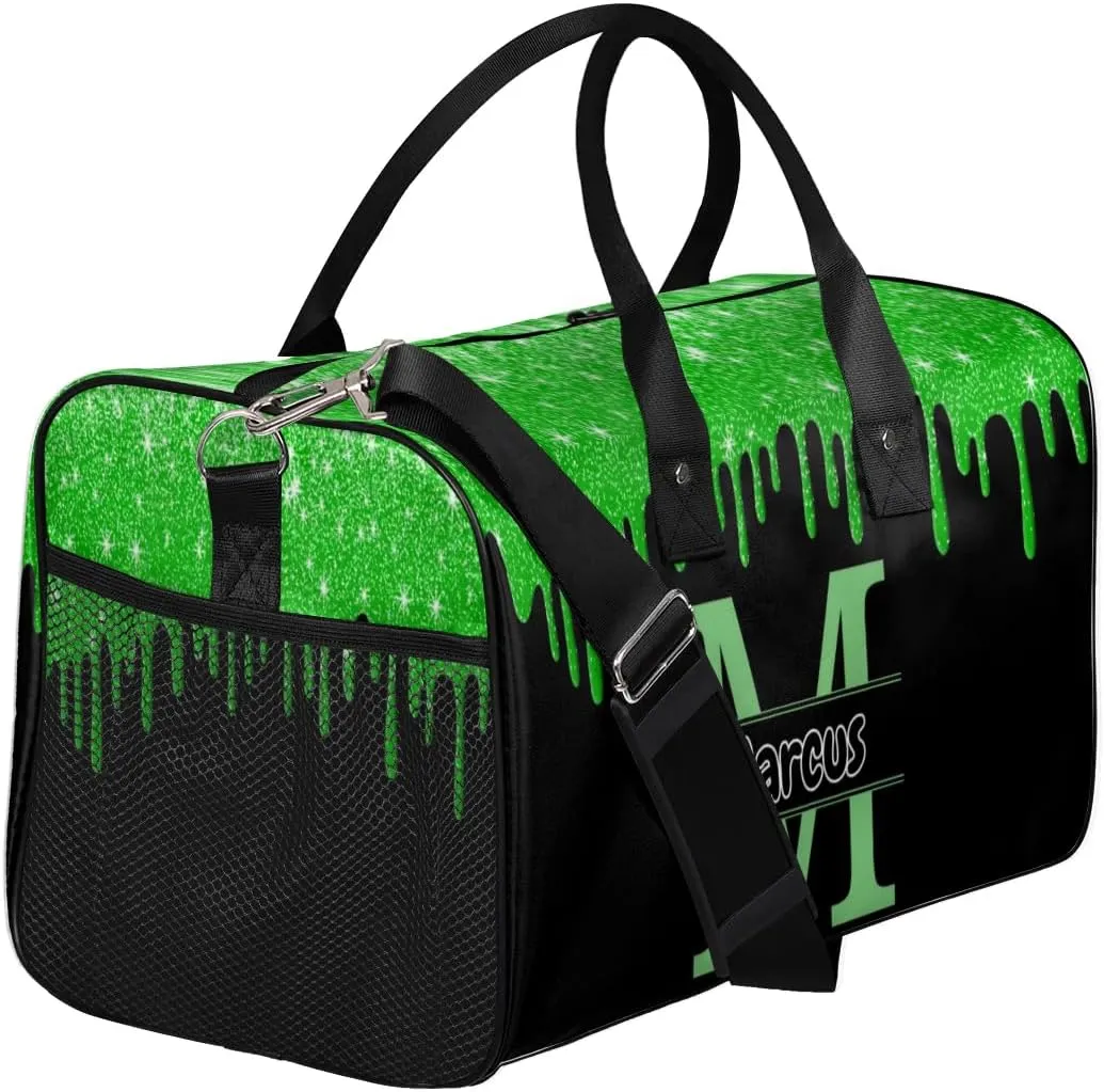 Personalized Name Sports Bag Travel Duffel Bags, Custom Initial Gym Bag for Adults, Overnight Weekend Bags, Dance Bag, Personalized Gifts, Green Glitter Fluid
