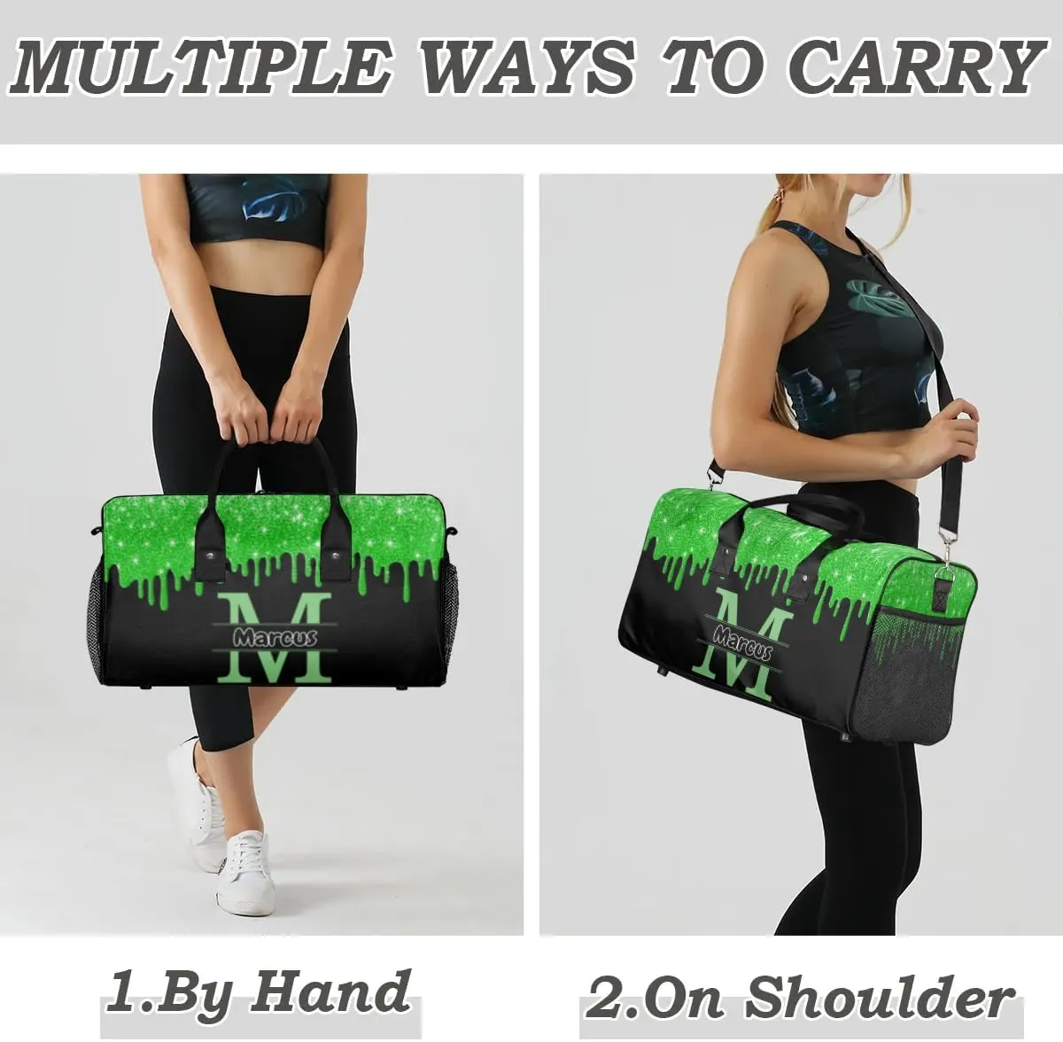 Personalized Name Sports Bag Travel Duffel Bags, Custom Initial Gym Bag for Adults, Overnight Weekend Bags, Dance Bag, Personalized Gifts, Green Glitter Fluid