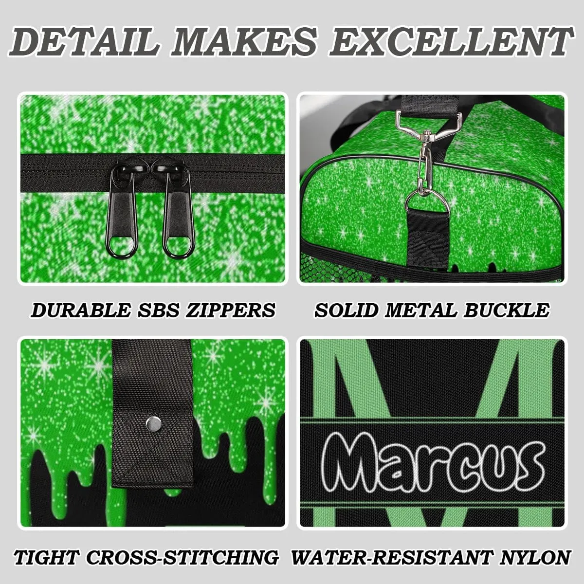 Personalized Name Sports Bag Travel Duffel Bags, Custom Initial Gym Bag for Adults, Overnight Weekend Bags, Dance Bag, Personalized Gifts, Green Glitter Fluid