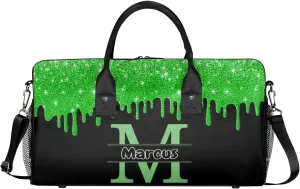 Personalized Name Sports Bag Travel Duffel Bags, Custom Initial Gym Bag for Adults, Overnight Weekend Bags, Dance Bag, Personalized Gifts, Green Glitter Fluid