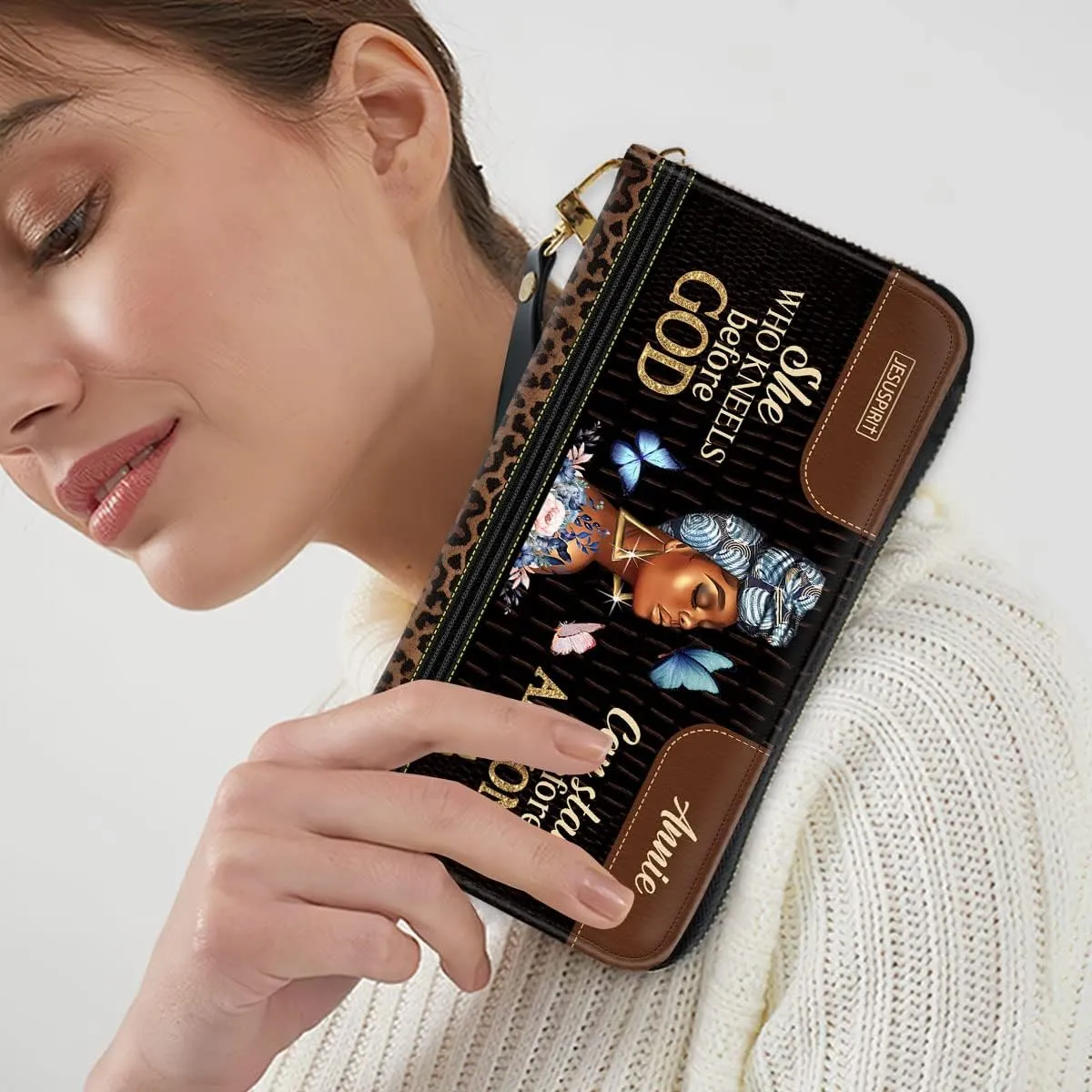 Personalized PU Leather Bible Clutch Purse - Walk By Faith Religious Wristlet Wallets - Christian Gifts For Church Ladies - Bible Fossil Purse For Black Women