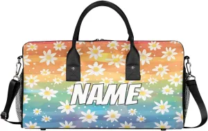 Personalized Rainbow Daisy Travel Duffel Bag with Name, Custom Gym Sport Bag Cute Floral Carry On Weekend Overnight Duffel Bag for Men Women