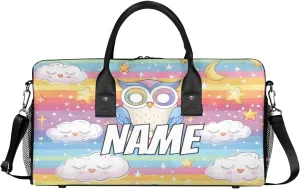 Personalized Rainbow Owl Travel Duffel Bag with Name, Custom Gym Sport Bag Star Moon Carry On Weekend Overnight Duffel Bag for Men Women