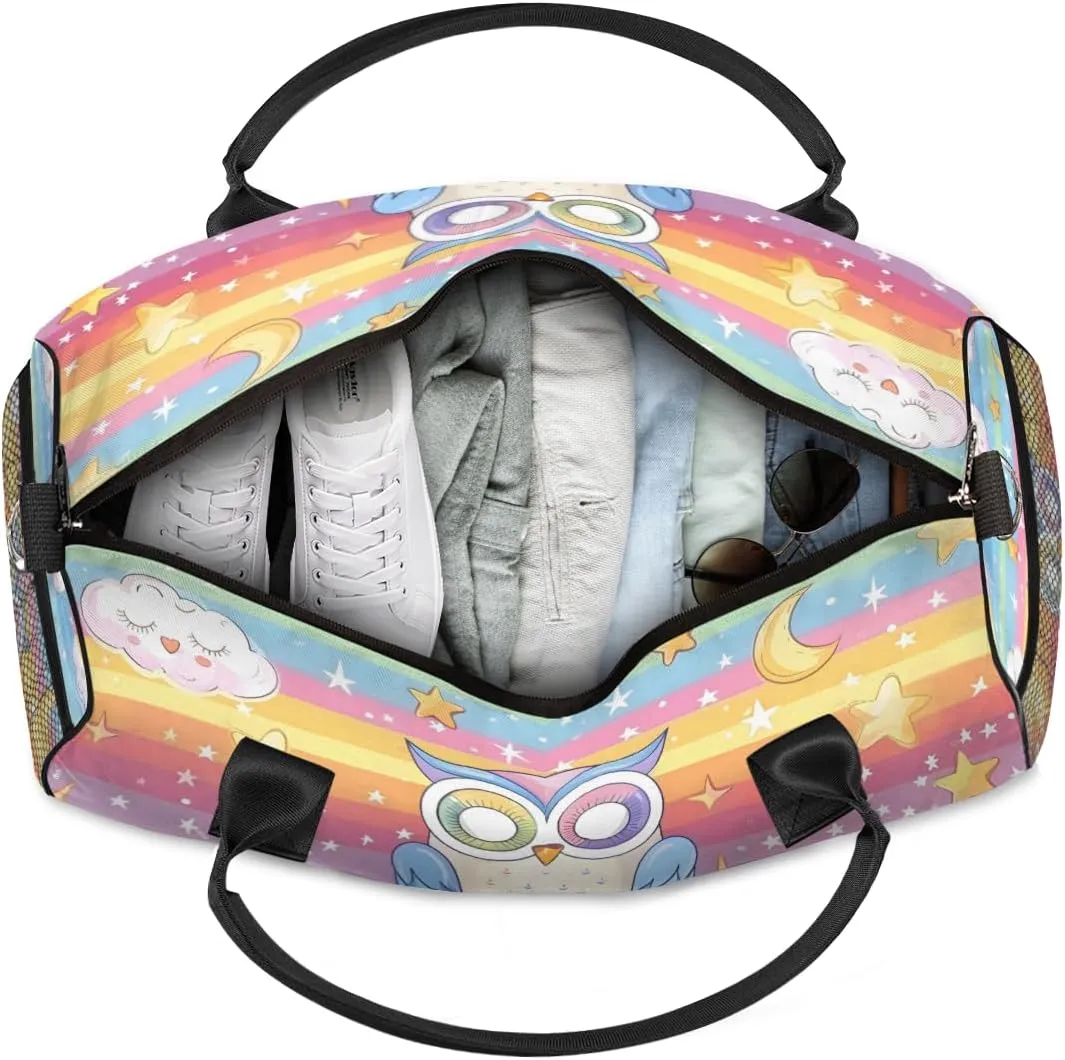 Personalized Rainbow Owl Travel Duffel Bag with Name, Custom Gym Sport Bag Star Moon Carry On Weekend Overnight Duffel Bag for Men Women