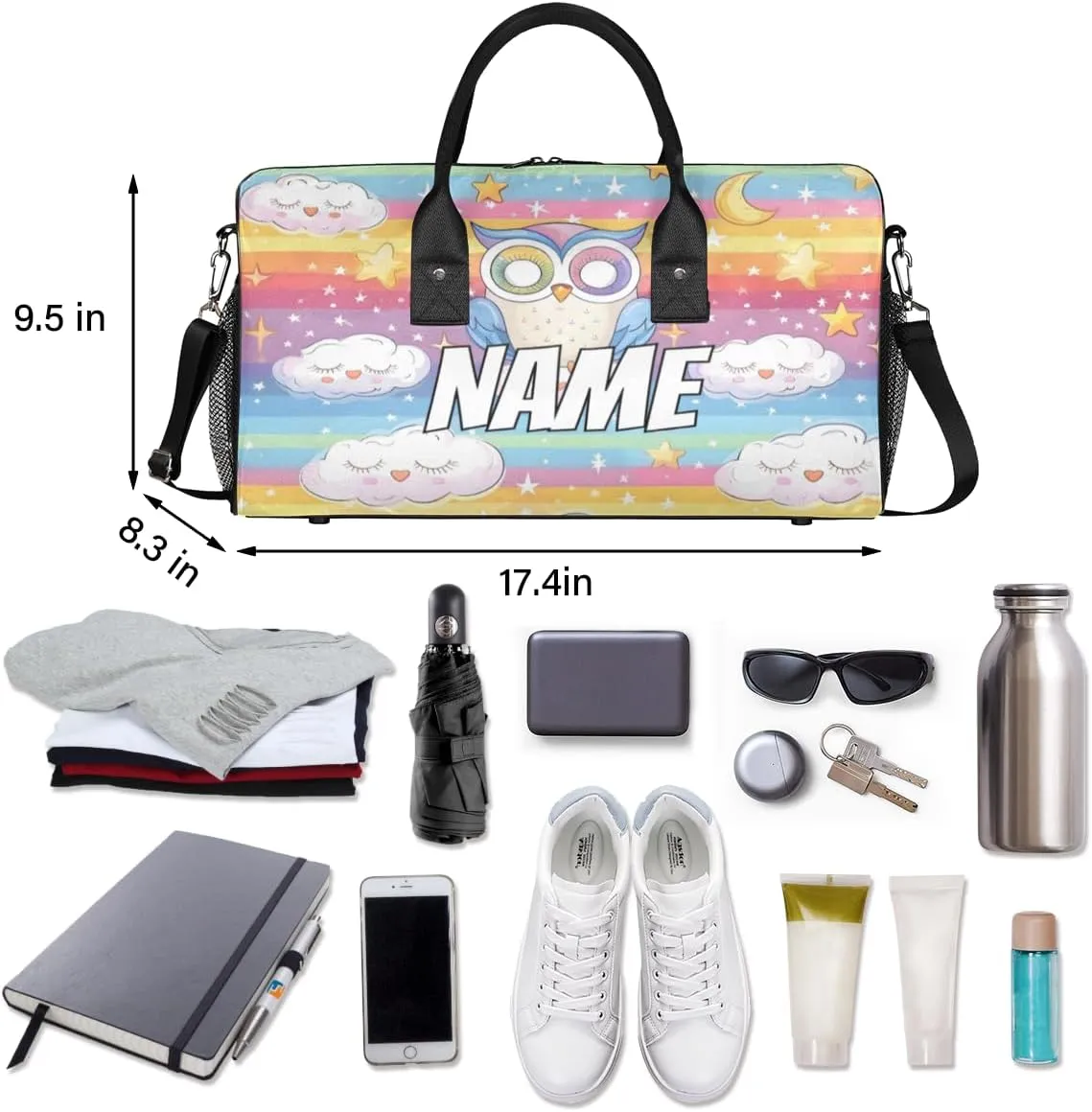 Personalized Rainbow Owl Travel Duffel Bag with Name, Custom Gym Sport Bag Star Moon Carry On Weekend Overnight Duffel Bag for Men Women