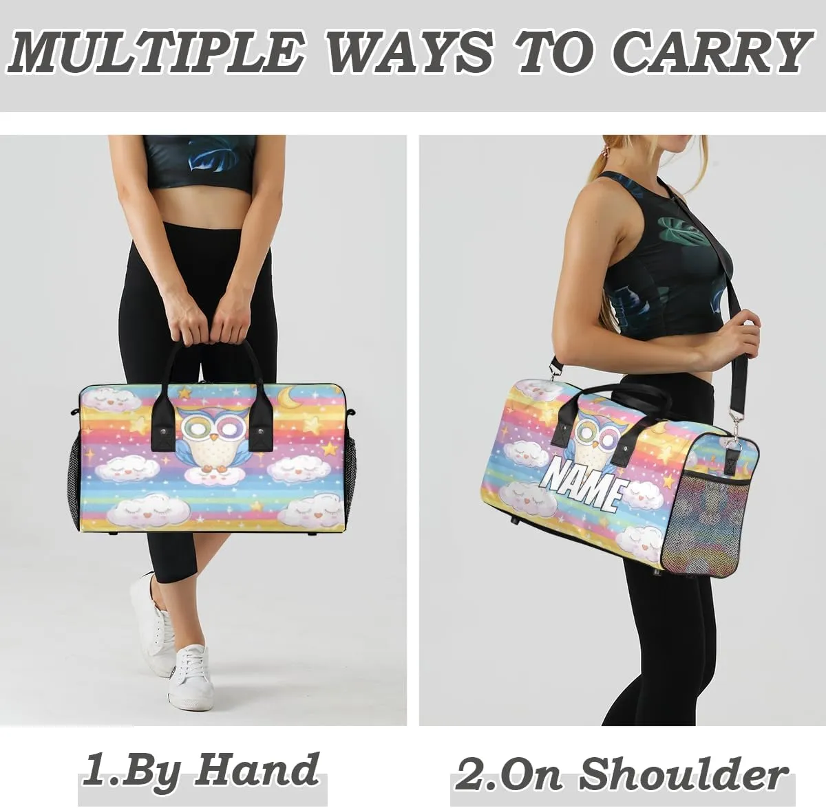 Personalized Rainbow Owl Travel Duffel Bag with Name, Custom Gym Sport Bag Star Moon Carry On Weekend Overnight Duffel Bag for Men Women