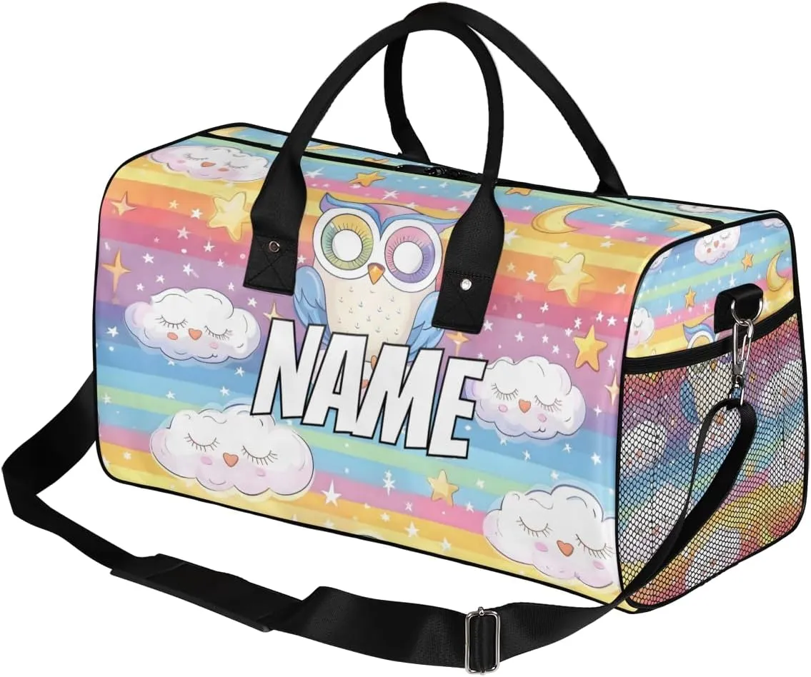 Personalized Rainbow Owl Travel Duffel Bag with Name, Custom Gym Sport Bag Star Moon Carry On Weekend Overnight Duffel Bag for Men Women
