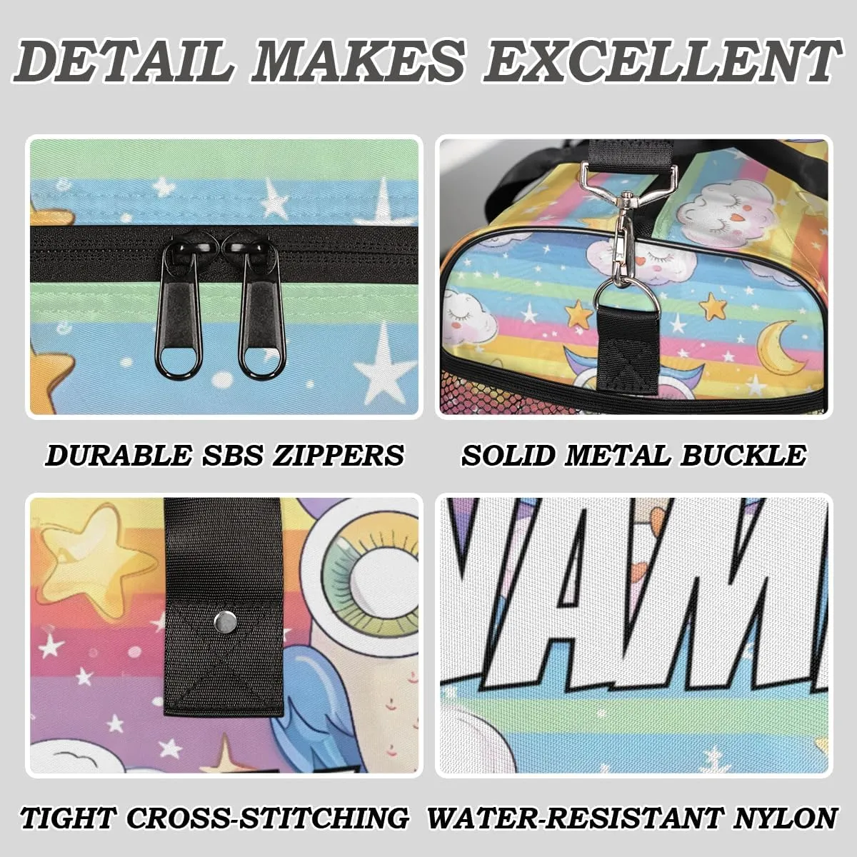 Personalized Rainbow Owl Travel Duffel Bag with Name, Custom Gym Sport Bag Star Moon Carry On Weekend Overnight Duffel Bag for Men Women