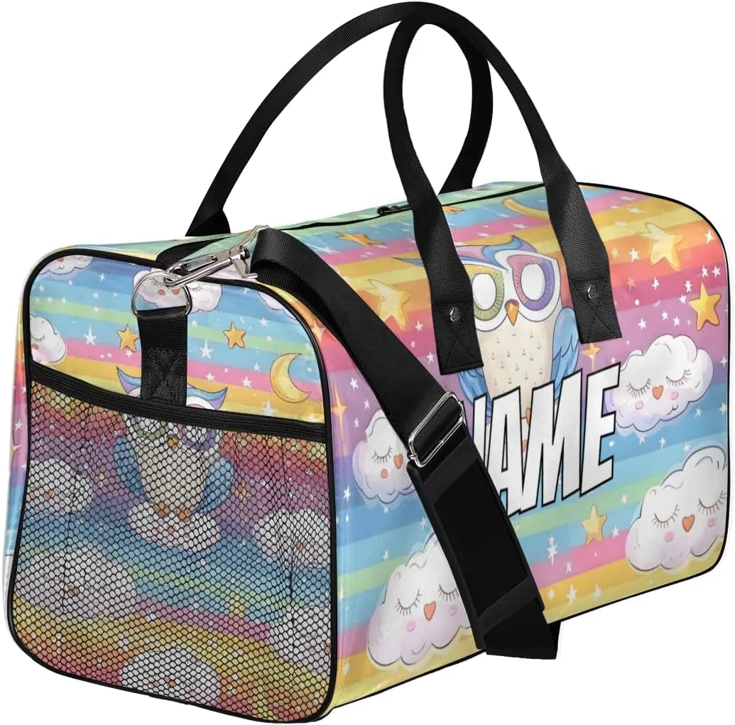 Personalized Rainbow Owl Travel Duffel Bag with Name, Custom Gym Sport Bag Star Moon Carry On Weekend Overnight Duffel Bag for Men Women