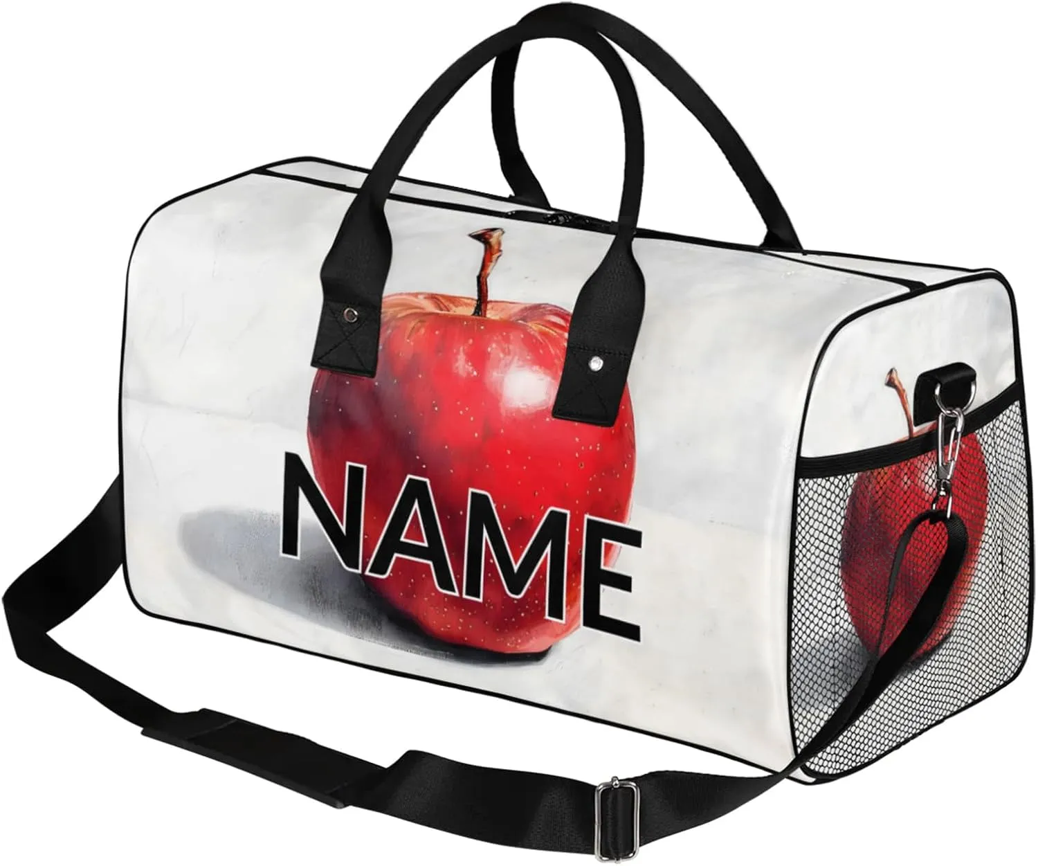 Personalized Red Apples Fruit Travel Duffel Bag with Name, Custom Gym Sport Bag Vintage Apples Carry On Weekend Overnight Duffel Bag for Men Women
