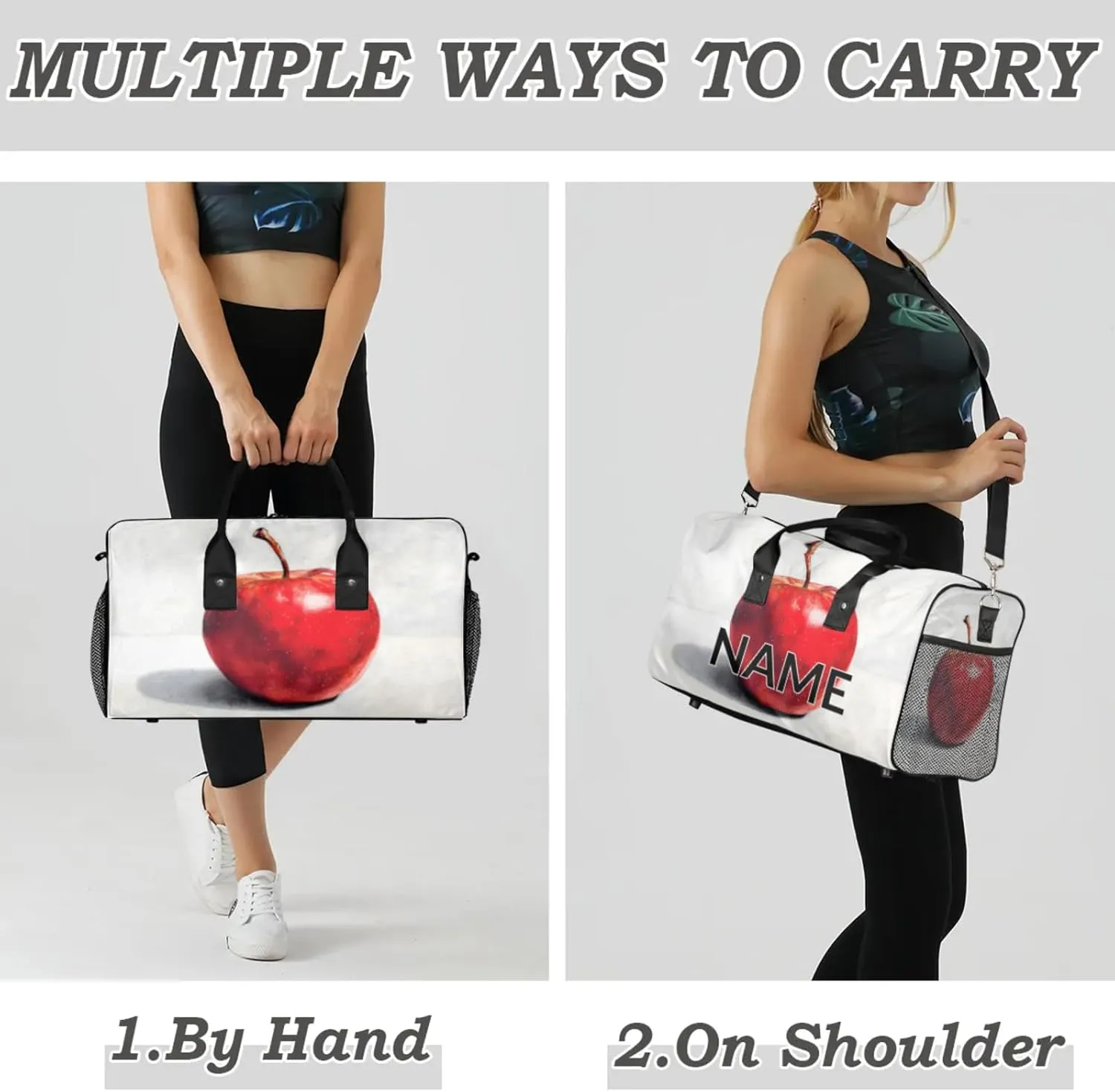 Personalized Red Apples Fruit Travel Duffel Bag with Name, Custom Gym Sport Bag Vintage Apples Carry On Weekend Overnight Duffel Bag for Men Women
