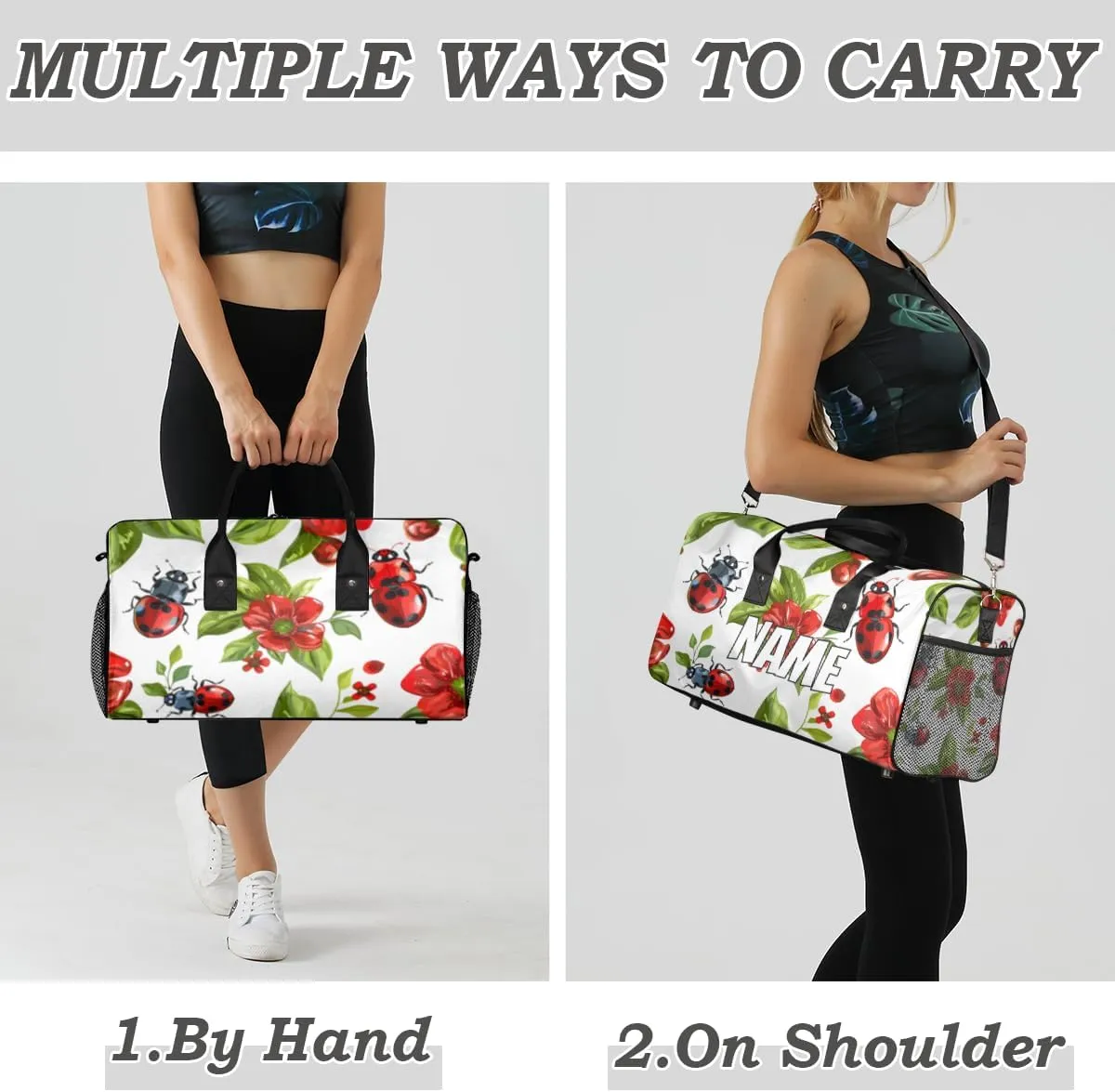 Personalized Red Ladybirds Travel Duffel Bag with Name, Custom Gym Sport Bag Spring Flowers Carry On Weekend Overnight Duffel Bag for Men Women