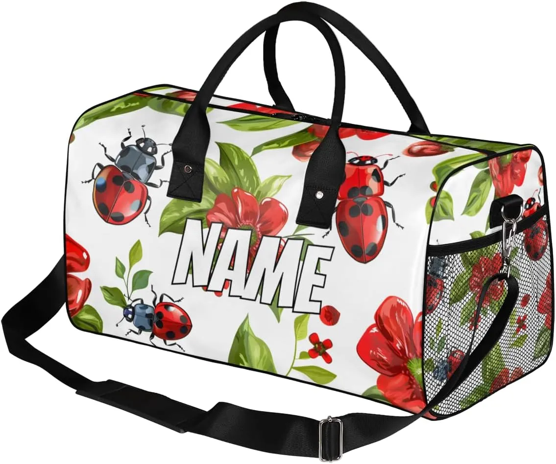 Personalized Red Ladybirds Travel Duffel Bag with Name, Custom Gym Sport Bag Spring Flowers Carry On Weekend Overnight Duffel Bag for Men Women