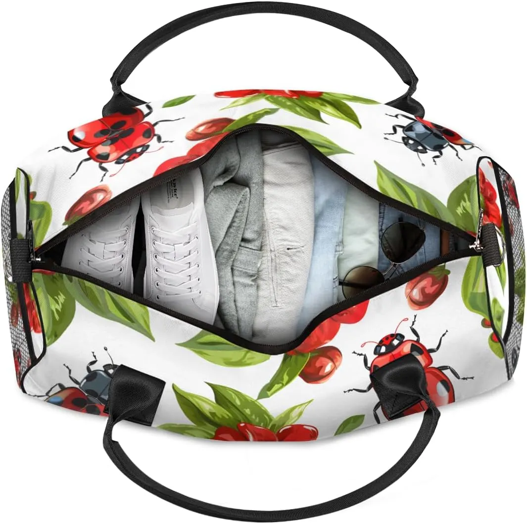 Personalized Red Ladybirds Travel Duffel Bag with Name, Custom Gym Sport Bag Spring Flowers Carry On Weekend Overnight Duffel Bag for Men Women