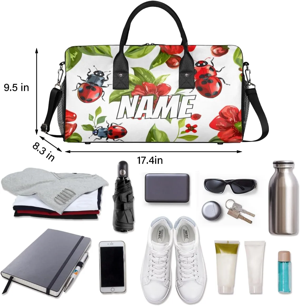 Personalized Red Ladybirds Travel Duffel Bag with Name, Custom Gym Sport Bag Spring Flowers Carry On Weekend Overnight Duffel Bag for Men Women