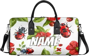 Personalized Red Ladybirds Travel Duffel Bag with Name, Custom Gym Sport Bag Spring Flowers Carry On Weekend Overnight Duffel Bag for Men Women