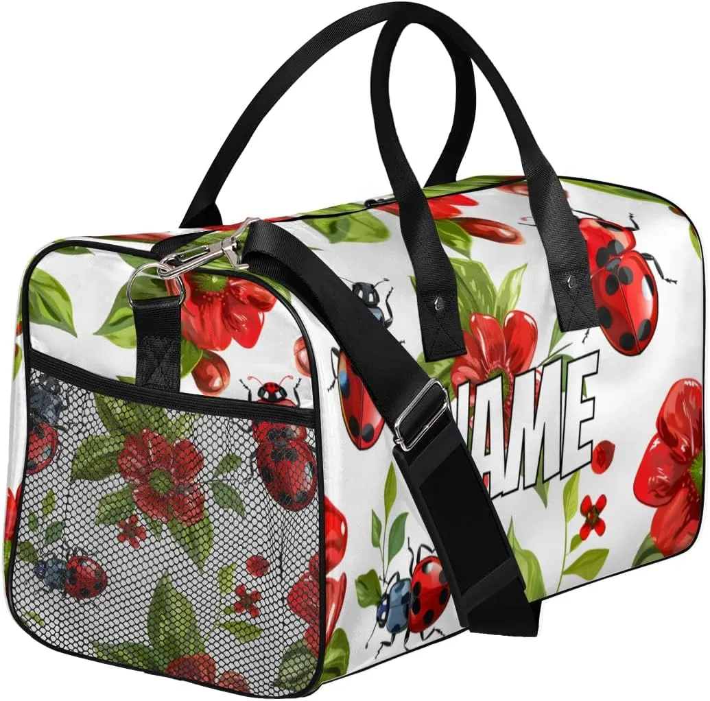 Personalized Red Ladybirds Travel Duffel Bag with Name, Custom Gym Sport Bag Spring Flowers Carry On Weekend Overnight Duffel Bag for Men Women