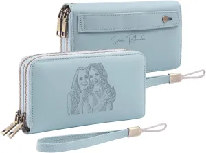 Personalized RFID Wallets for Women – Custom Name & Photo Leather Clutch, Double Zipper Large Capacity Wristlet, Mothers Day Wallet Gift for Mom Wife (BLUE)