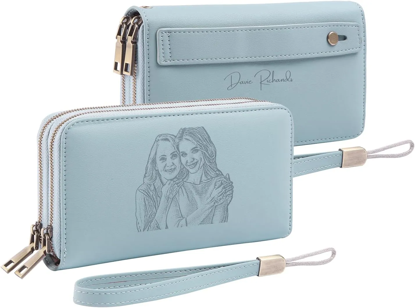 Personalized RFID Wallets for Women – Custom Name & Photo Leather Clutch, Double Zipper Large Capacity Wristlet, Mothers Day Wallet Gift for Mom Wife (BLUE)