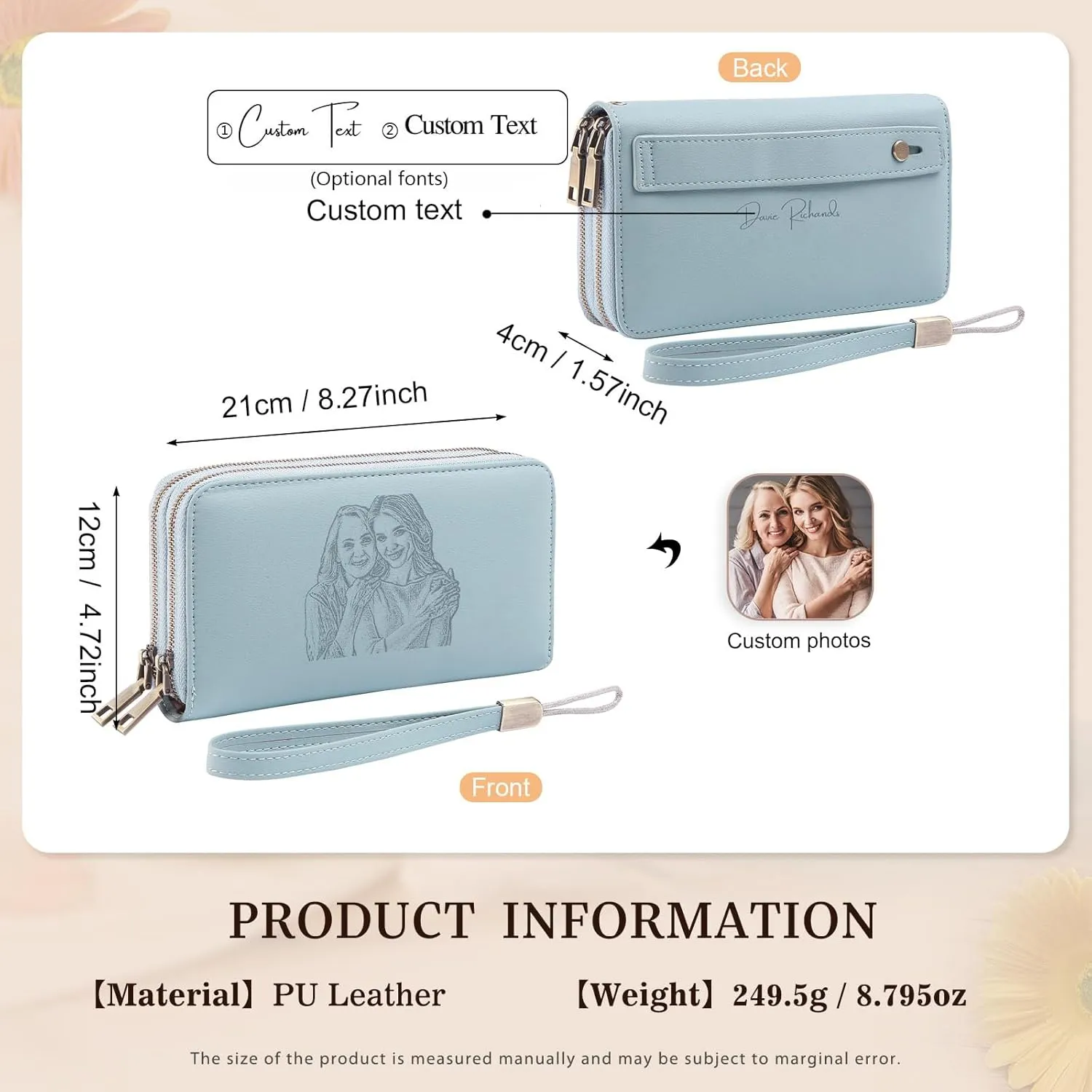 Personalized RFID Wallets for Women – Custom Name & Photo Leather Clutch, Double Zipper Large Capacity Wristlet, Mothers Day Wallet Gift for Mom Wife (BLUE)