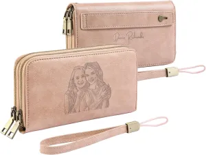 Personalized RFID Wallets for Women – Custom Name & Photo Leather Clutch, Double Zipper Large Capacity Wristlet, Mothers Day Wallet Gift for Mom Wife (PINK)
