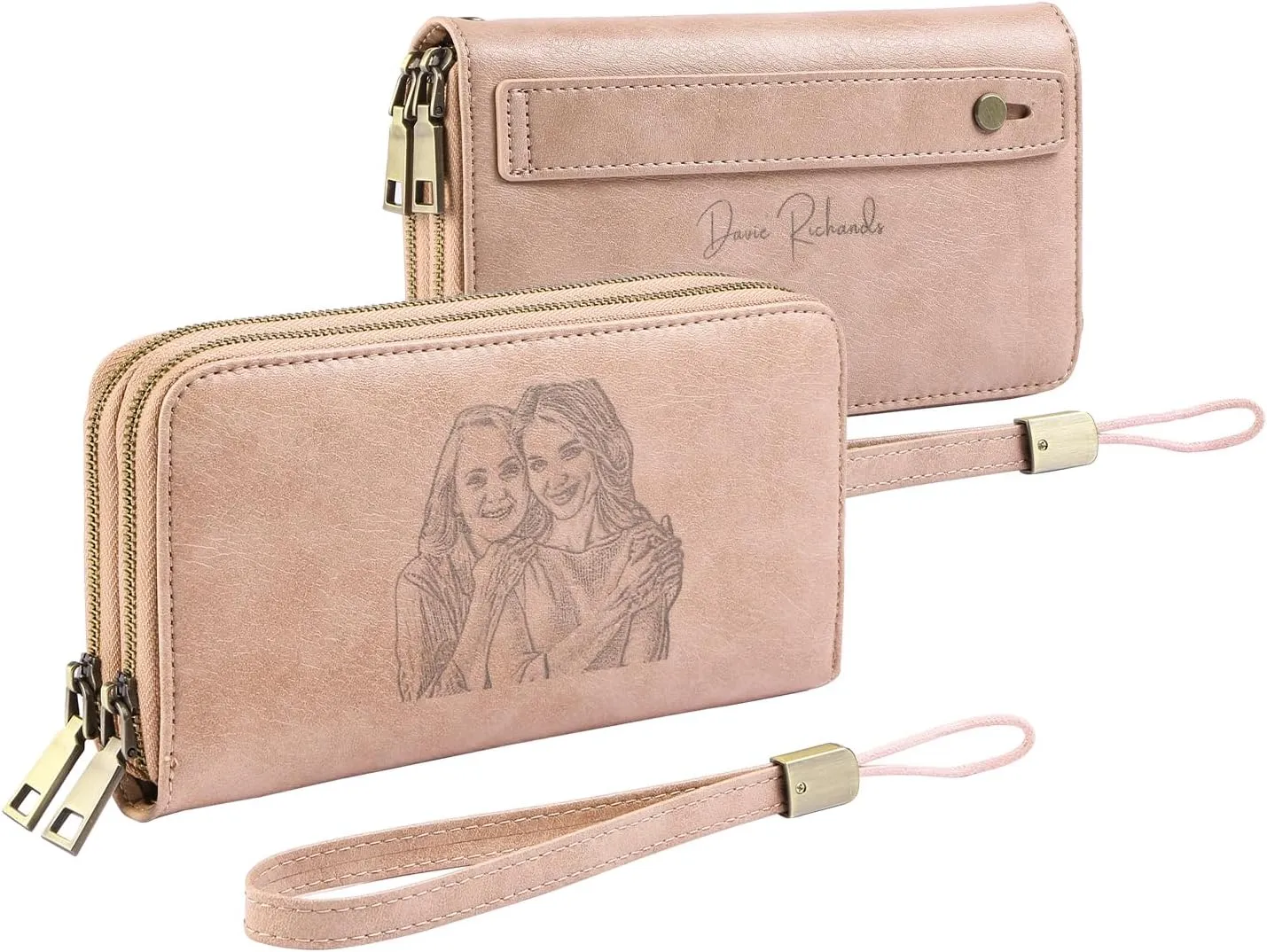 Personalized RFID Wallets for Women – Custom Name & Photo Leather Clutch, Double Zipper Large Capacity Wristlet, Mothers Day Wallet Gift for Mom Wife (PINK)