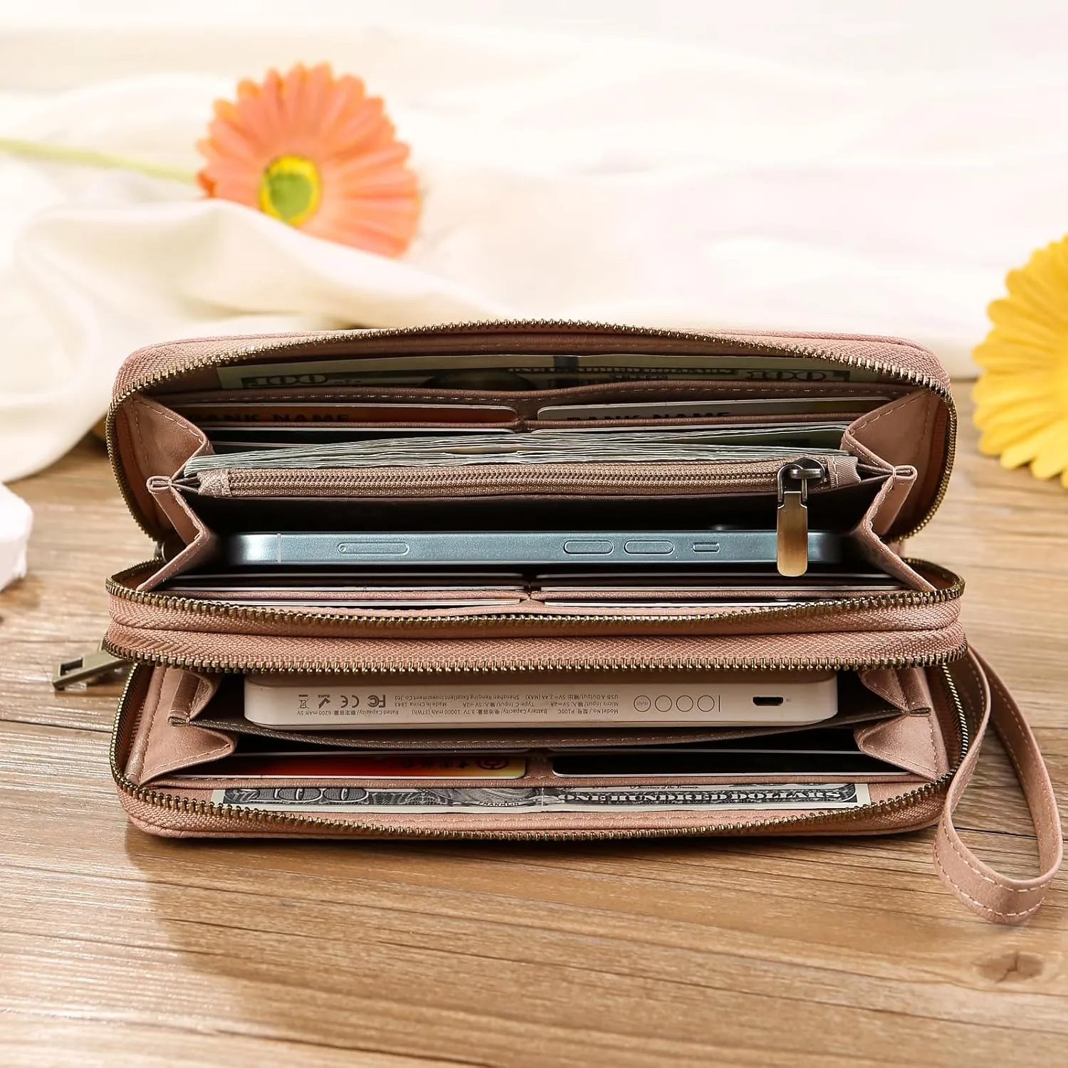 Personalized RFID Wallets for Women – Custom Name & Photo Leather Clutch, Double Zipper Large Capacity Wristlet, Mothers Day Wallet Gift for Mom Wife (PINK)
