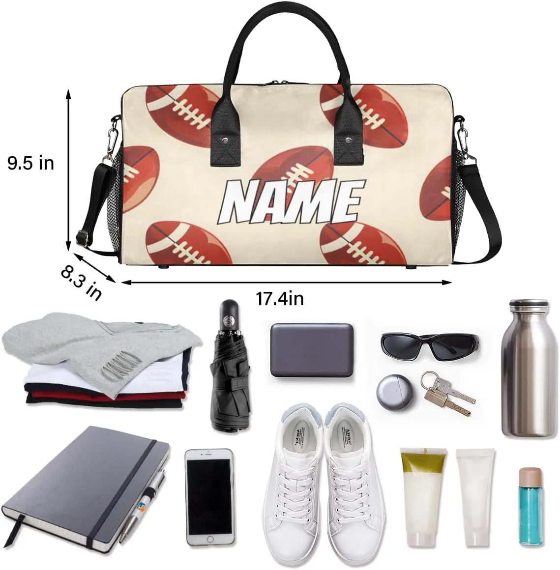Personalized Rugby Travel Duffel Bag with Name, Custom Gym Sport Bag Football Sports Carry On Weekend Overnight Duffel Bag for Men Women