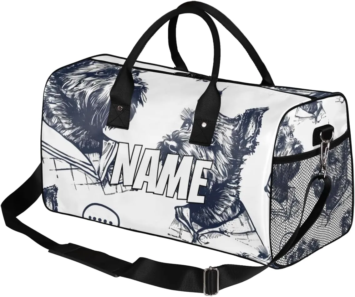 Personalized Scottish Terrier Dog Travel Duffel Bag with Name, Custom Gym Sport Bag Cool Dogs Carry On Weekend Overnight Duffel Bag for Men Women