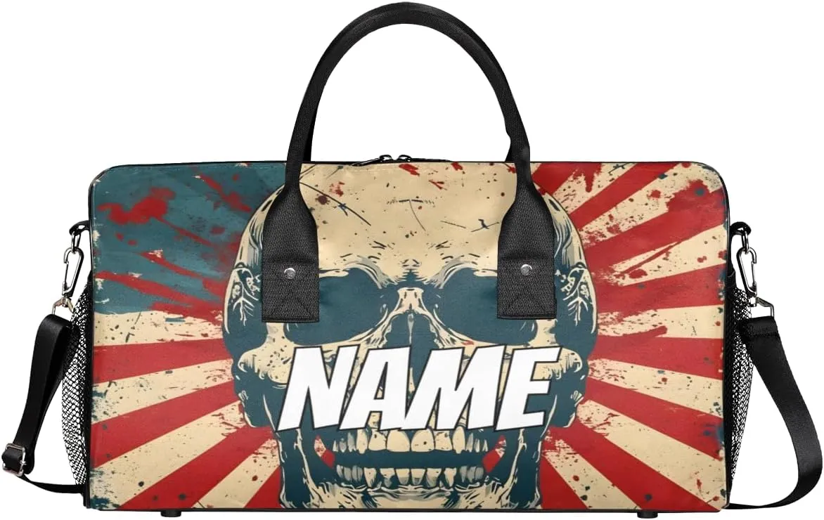 Personalized Skull Gothic Travel Duffel Bag with Name, Custom Gym Sport Bag America Flag Carry On Weekend Overnight Duffel Bag for Men Women