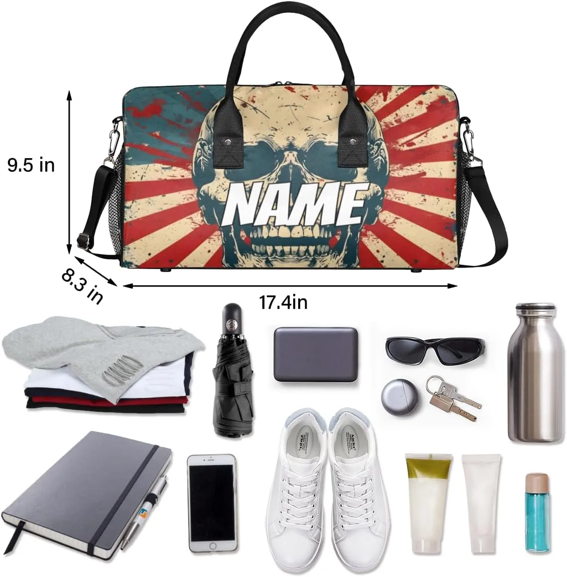 Personalized Skull Gothic Travel Duffel Bag with Name, Custom Gym Sport Bag America Flag Carry On Weekend Overnight Duffel Bag for Men Women