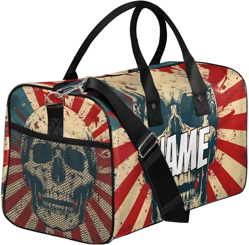 Personalized Skull Gothic Travel Duffel Bag with Name, Custom Gym Sport Bag America Flag Carry On Weekend Overnight Duffel Bag for Men Women