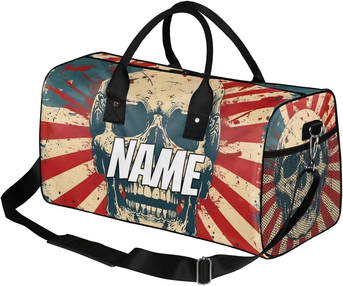 Personalized Skull Gothic Travel Duffel Bag with Name, Custom Gym Sport Bag America Flag Carry On Weekend Overnight Duffel Bag for Men Women