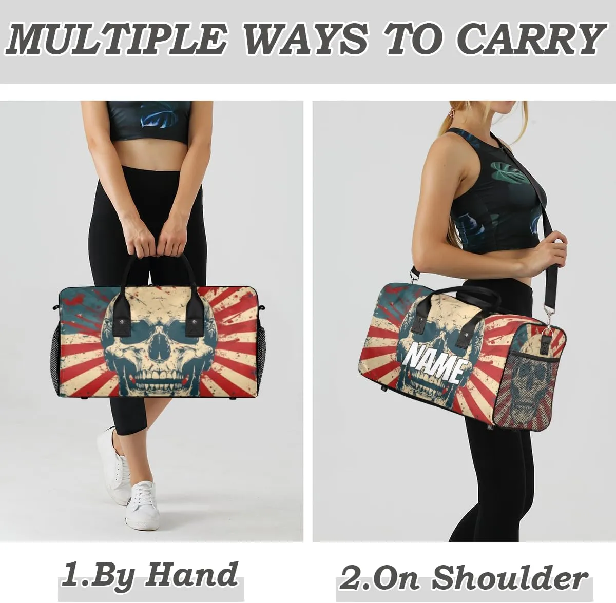 Personalized Skull Gothic Travel Duffel Bag with Name, Custom Gym Sport Bag America Flag Carry On Weekend Overnight Duffel Bag for Men Women