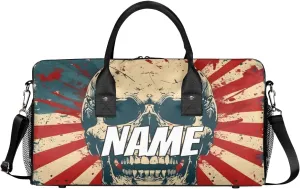 Personalized Skull Gothic Travel Duffel Bag with Name, Custom Gym Sport Bag America Flag Carry On Weekend Overnight Duffel Bag for Men Women