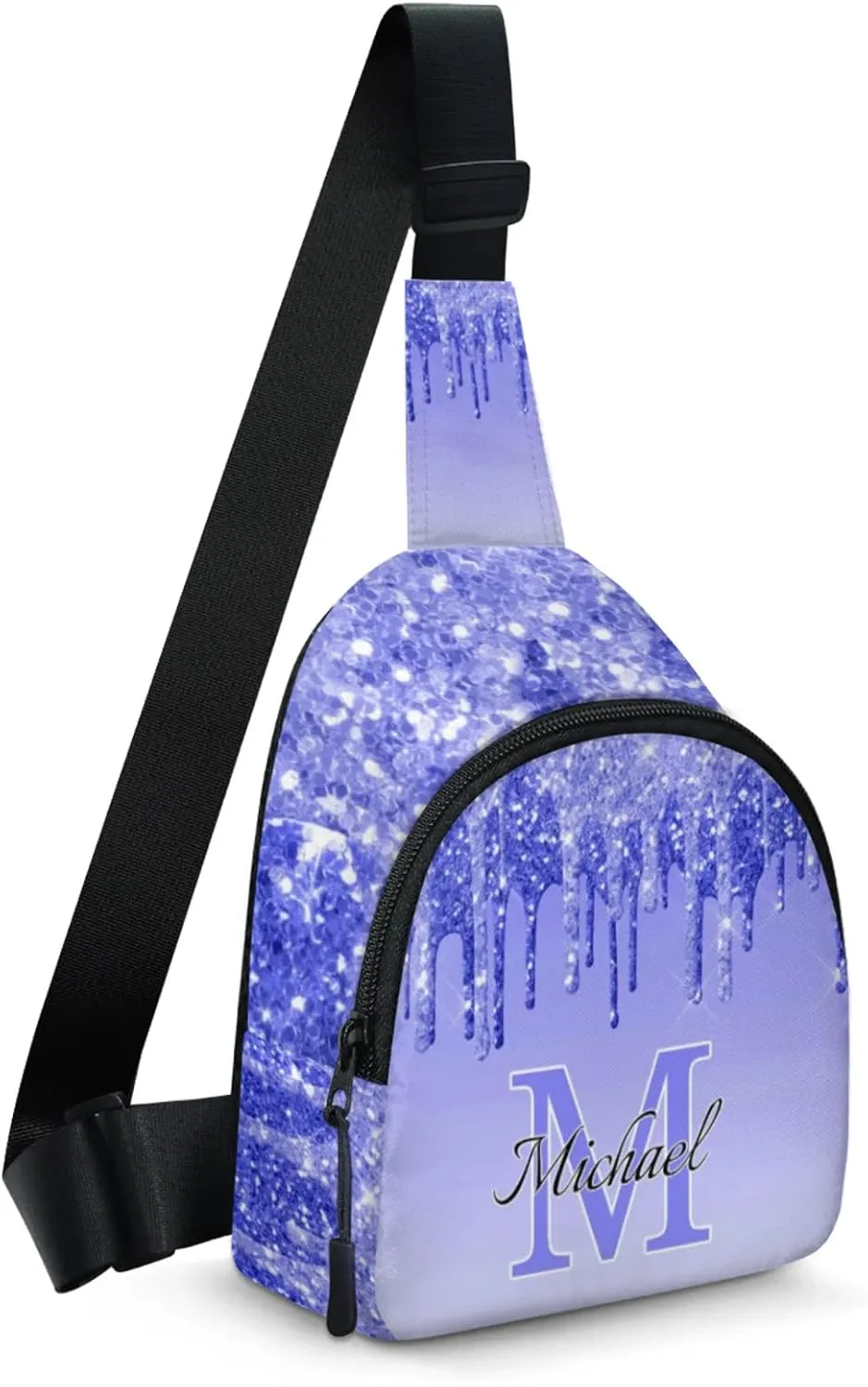 Personalized Sling Bag with Initial Name Custom Crossbody Sling Backpack Customize Chest Bag Daypack for Men Women, Blue Purple Glitter