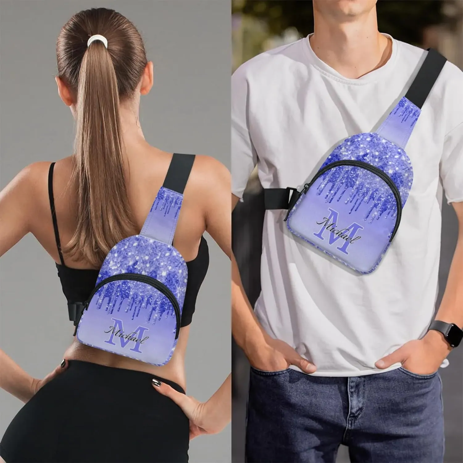 Personalized Sling Bag with Initial Name Custom Crossbody Sling Backpack Customize Chest Bag Daypack for Men Women, Blue Purple Glitter