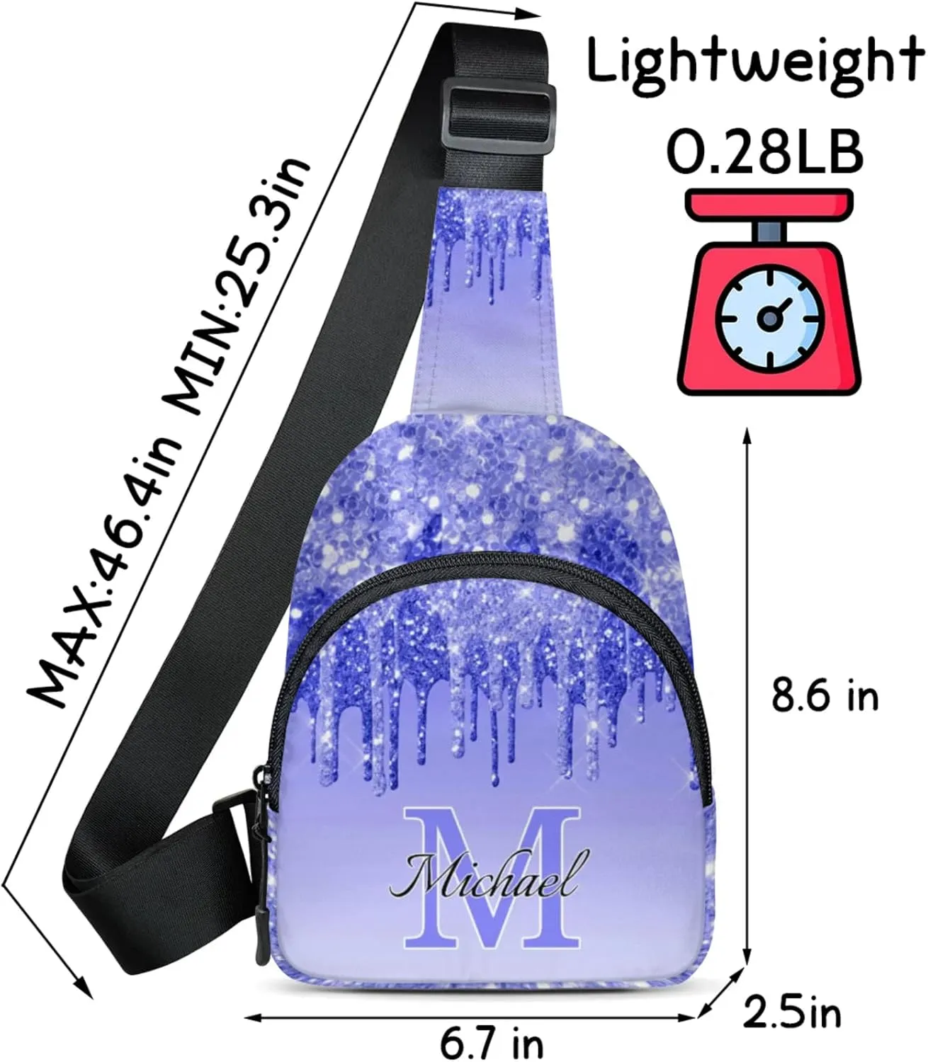 Personalized Sling Bag with Initial Name Custom Crossbody Sling Backpack Customize Chest Bag Daypack for Men Women, Blue Purple Glitter