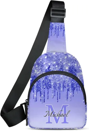 Personalized Sling Bag with Initial Name Custom Crossbody Sling Backpack Customize Chest Bag Daypack for Men Women, Blue Purple Glitter