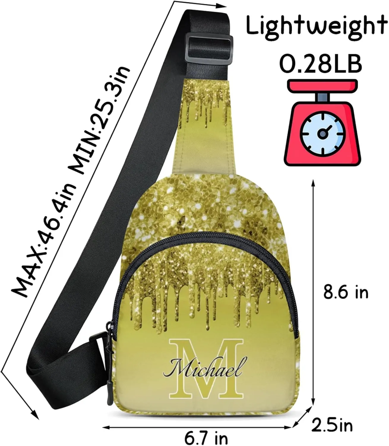 Personalized Sling Bag with Initial Name Custom Crossbody Sling Backpack Customize Chest Bag Daypack for Men Women, Dark Glitter