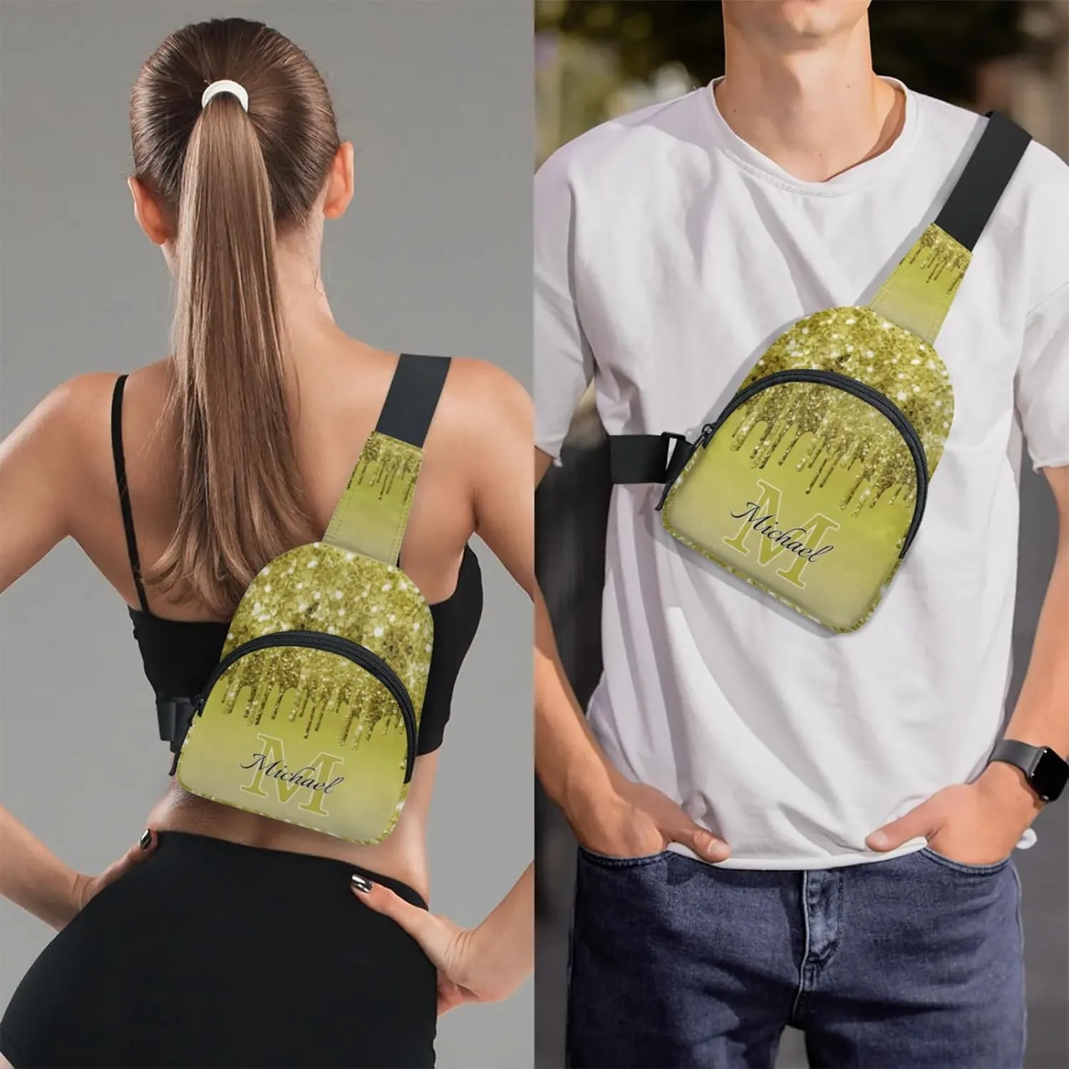 Personalized Sling Bag with Initial Name Custom Crossbody Sling Backpack Customize Chest Bag Daypack for Men Women, Dark Glitter
