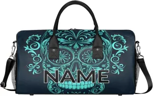 Personalized Spooky Skull Travel Duffel Bag with Name, Custom Gym Sport Bag Skeleton Gothic Cool Carry On Weekend Overnight Duffel Bag for Men Women