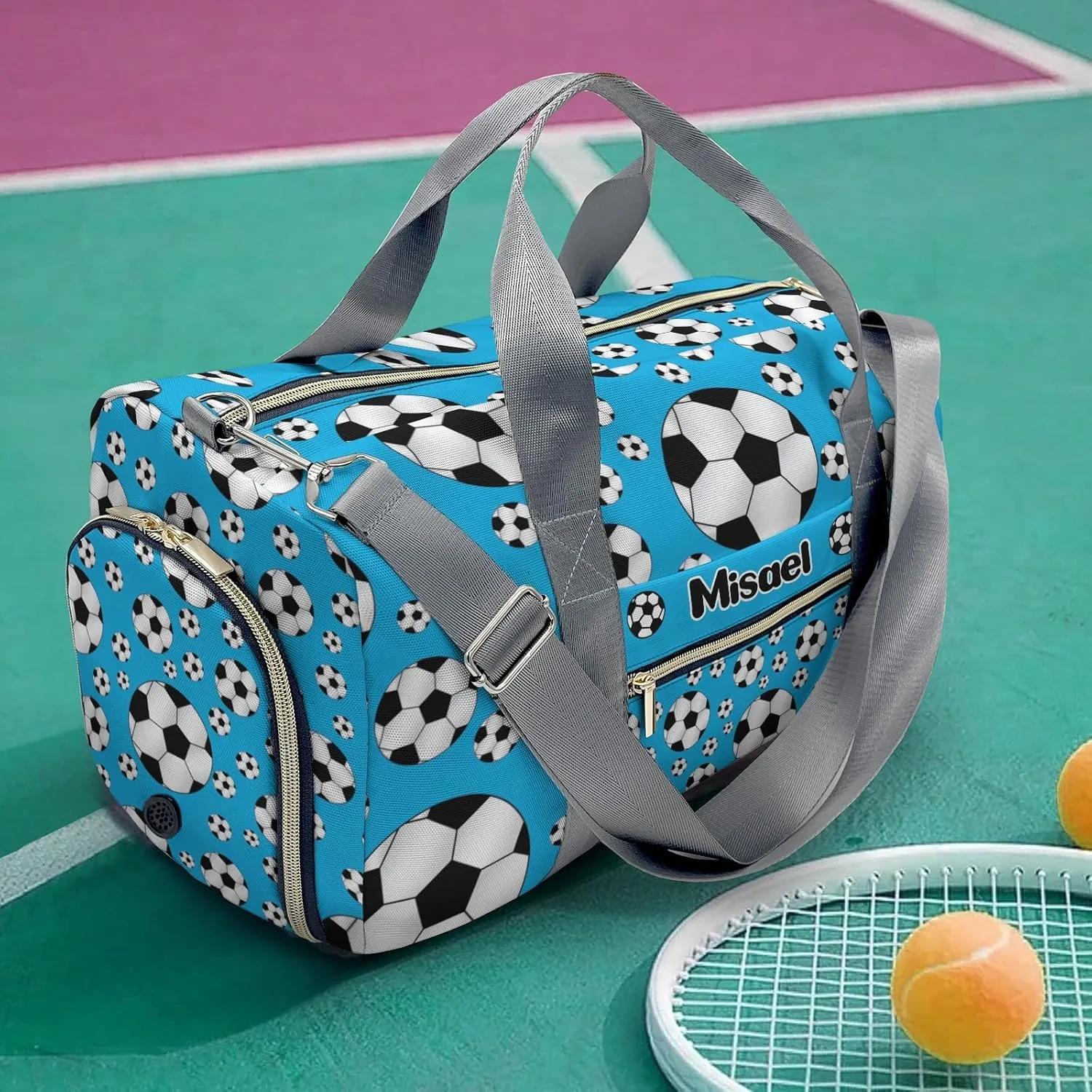 Personalized Sport Soccer Ball Player Sky Blue Duffel Bag for Boys,Customized Sport Player Travel Bag for Boys Man Gifts