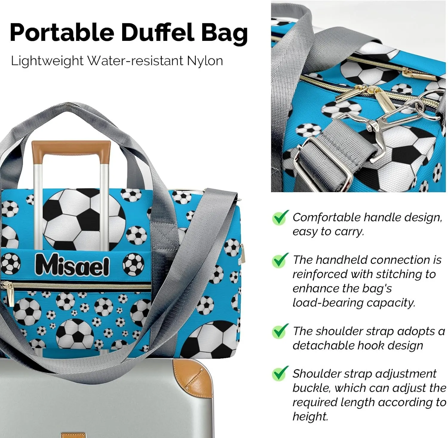 Personalized Sport Soccer Ball Player Sky Blue Duffel Bag for Boys,Customized Sport Player Travel Bag for Boys Man Gifts