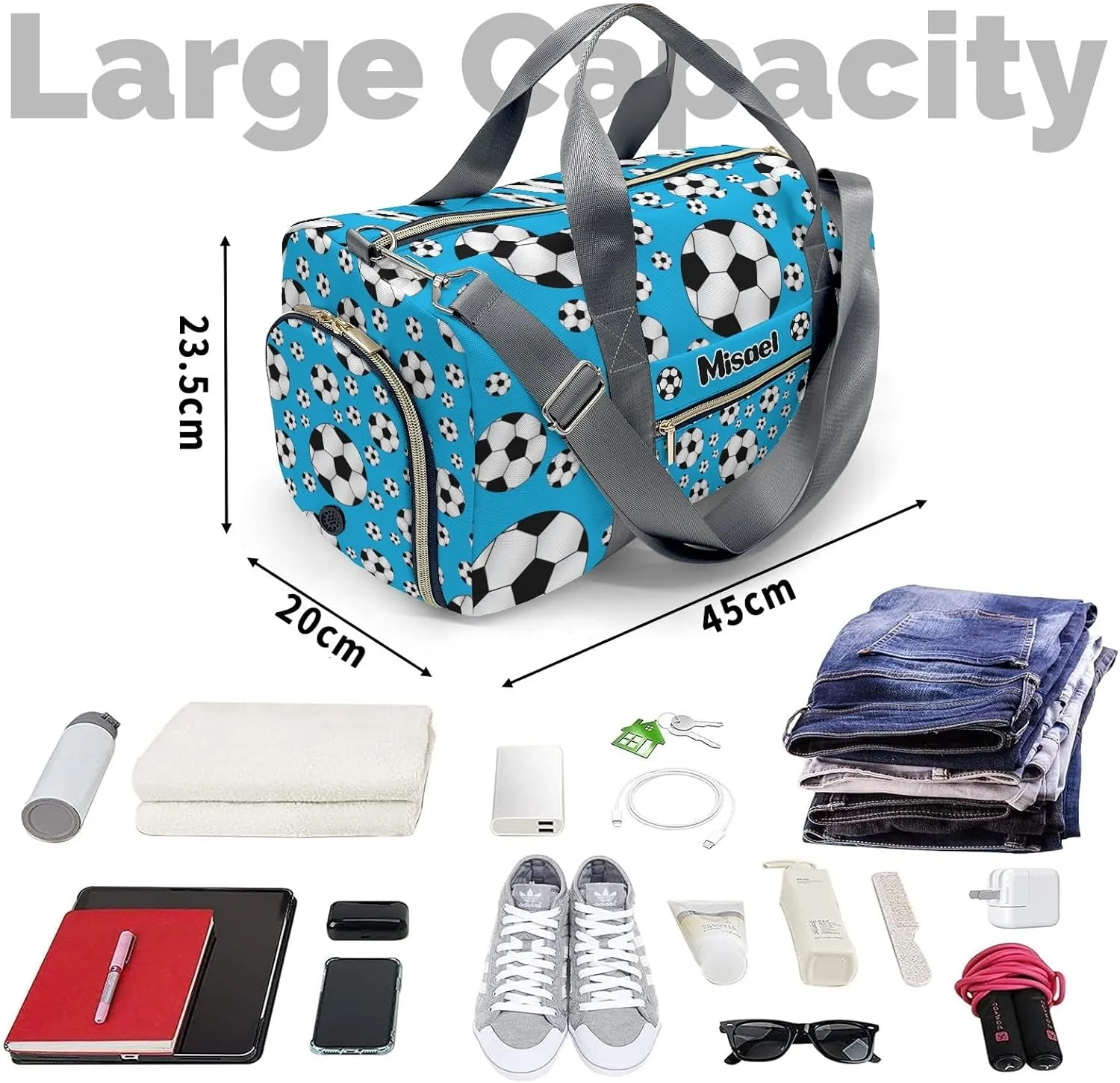 Personalized Sport Soccer Ball Player Sky Blue Duffel Bag for Boys,Customized Sport Player Travel Bag for Boys Man Gifts